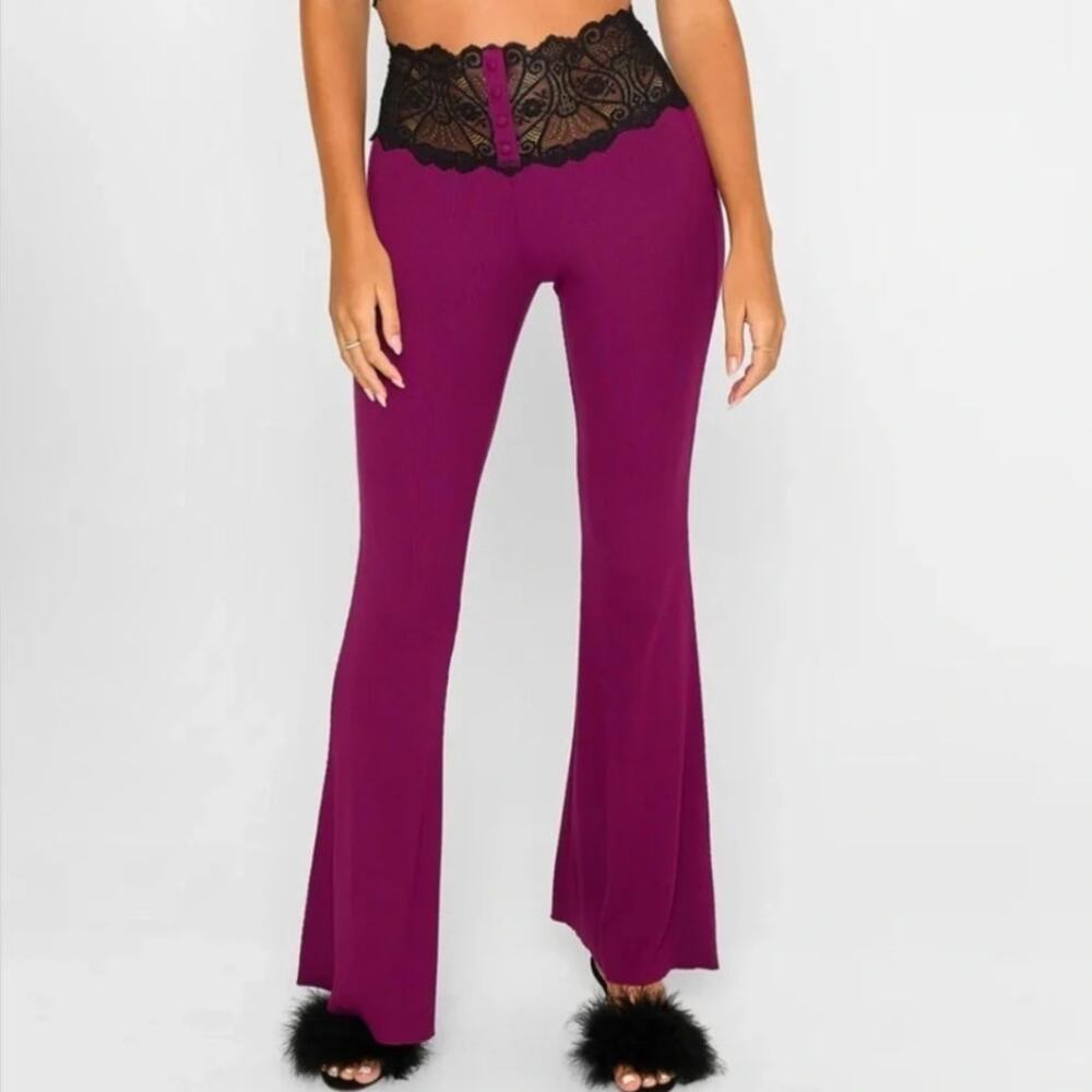 NWT Beach Bunny Oxblood Purple Anise Lace High Waist Flare Lounge Pants Size M